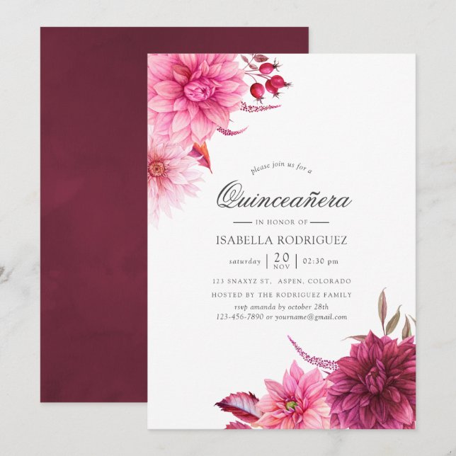Burgundy and Blush Autumn Fall Floral Quinceañera Invitation (Front/Back)