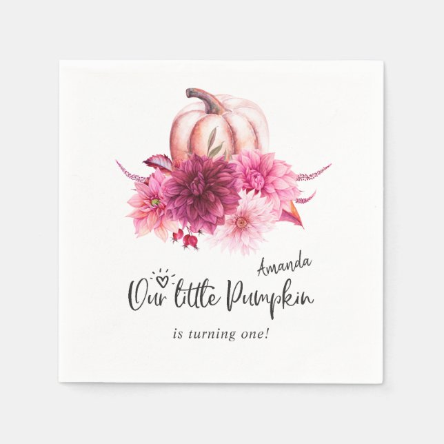 Burgundy and Blush Autumn Fall Pumpkin Birthday Napkin (Front)