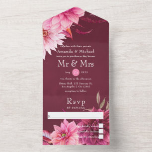 Burgundy and Blush Autumn Fall Wedding All In One  Invitation