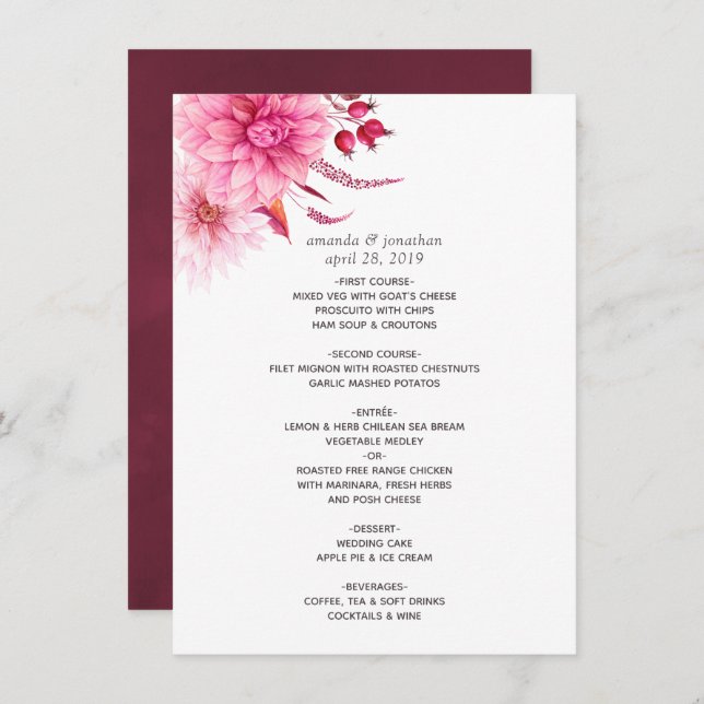 Burgundy and Blush Autumn Fall Wedding Menu (Front/Back)