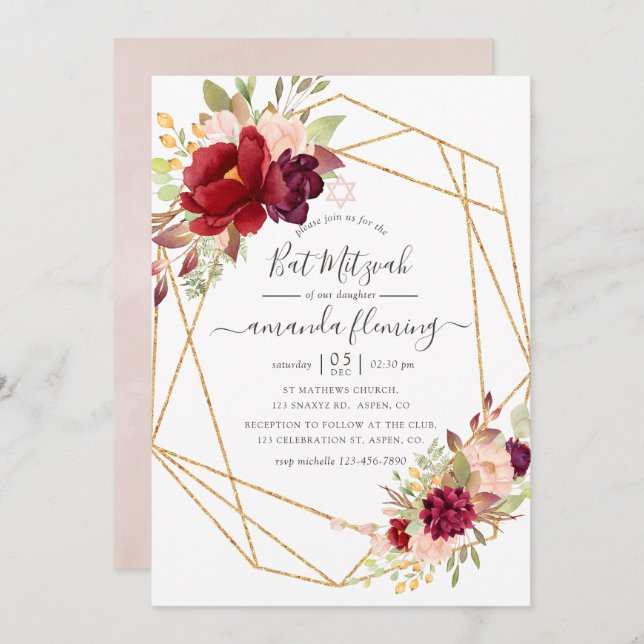 Burgundy and Blush Boho Geometric Bat Mitzvah Invitation (Front/Back)