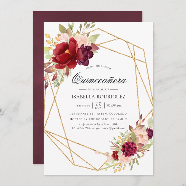 Burgundy and Blush Boho Geometric Quinceañera Invitation (Front/Back)