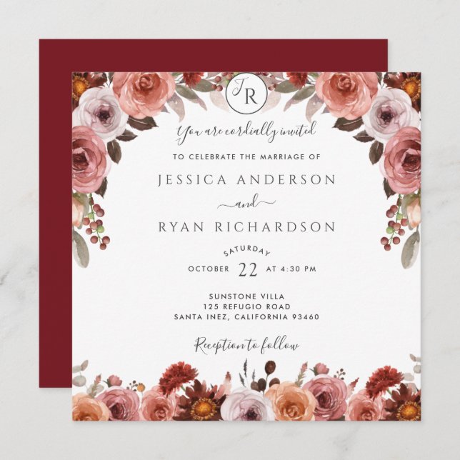 Burgundy and Blush, Elegant Floral Wedding Invitation (Front/Back)