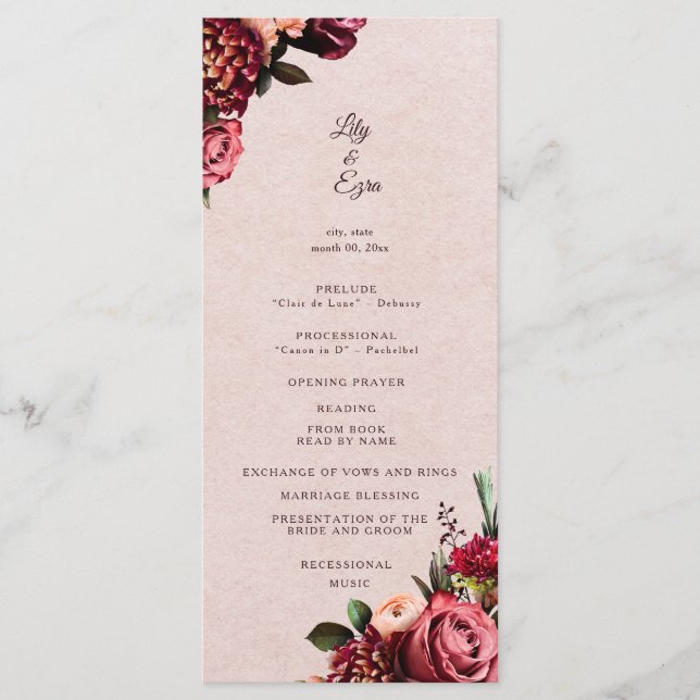Burgundy and Blush Flat Program Programme (Front)