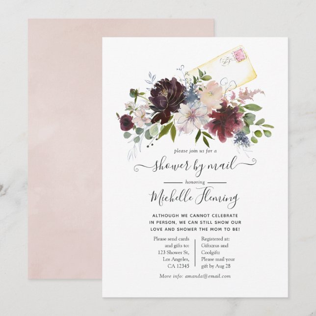 Burgundy and Blush Floral Baby Shower by Mail Invitation (Front/Back)