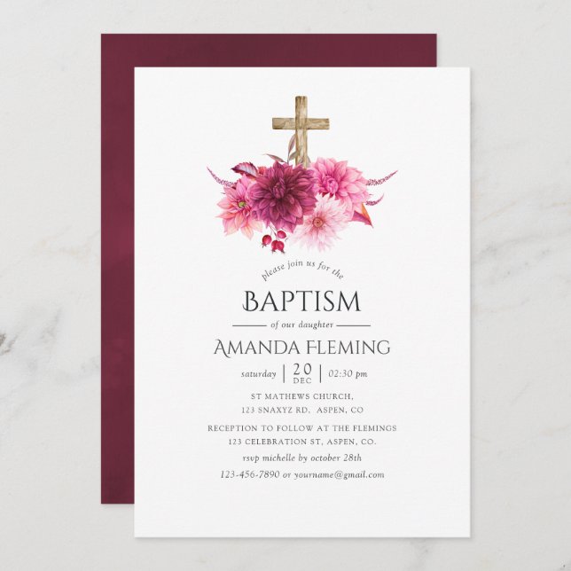 Burgundy and Blush Floral Baptism or Christening Invitation (Front/Back)