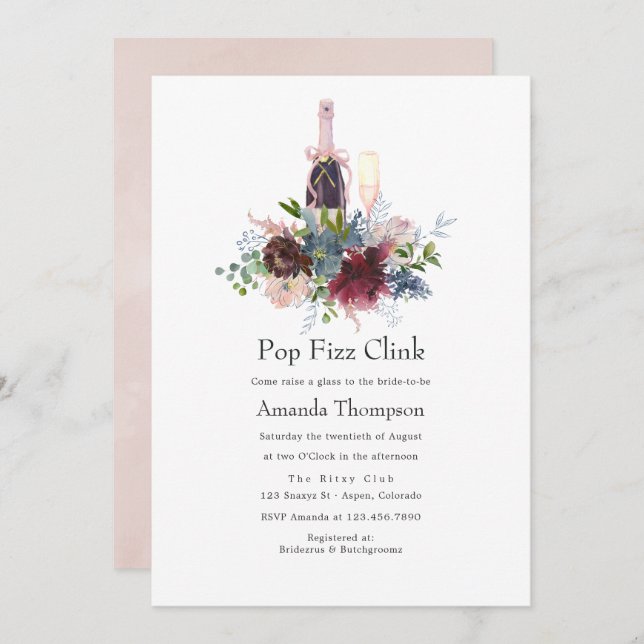 Burgundy and Blush Floral Bridal Pop Fizz Clink Invitation (Front/Back)