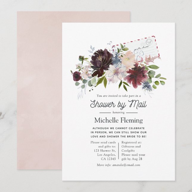 Burgundy and Blush Floral Bridal Shower by Mail Invitation (Front/Back)