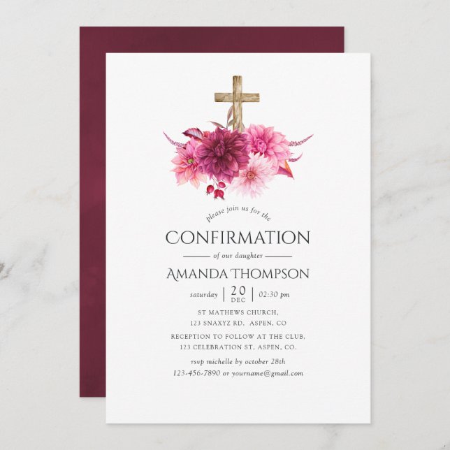 Burgundy and Blush Floral Confirmation Invitation (Front/Back)