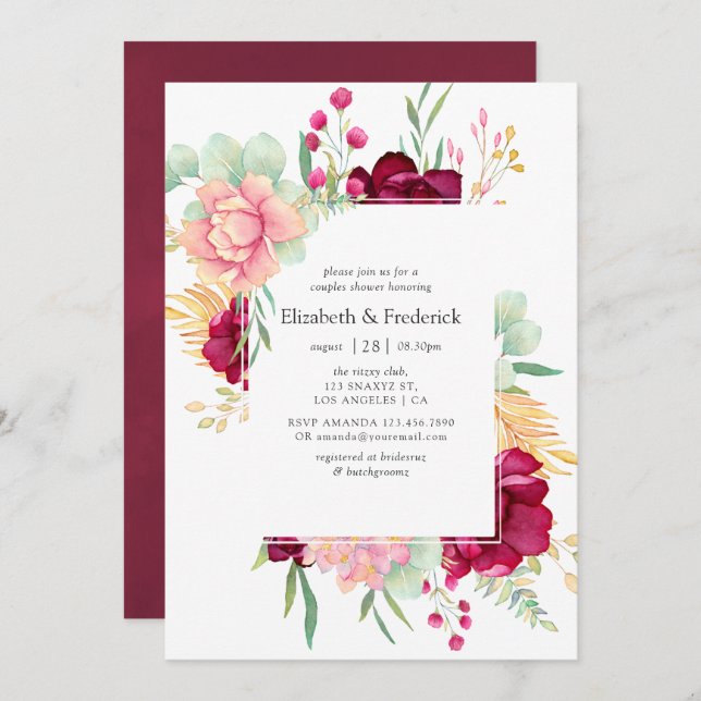 Burgundy and Blush Floral Couples Shower Invitation (Front/Back)