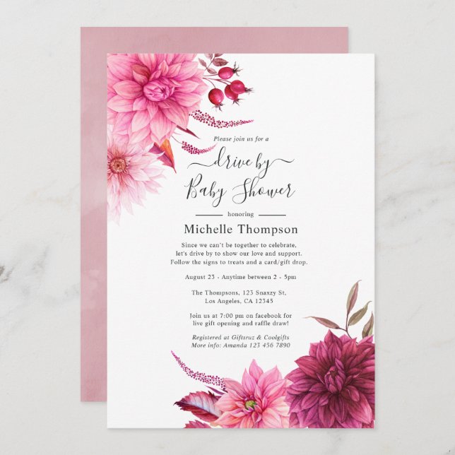 Burgundy and Blush Floral Drive By Shower Invitation (Front/Back)