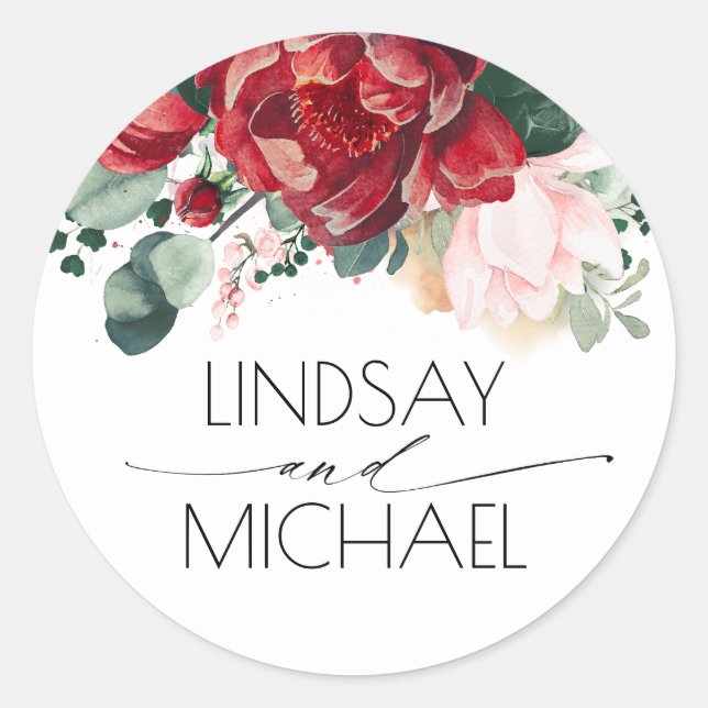Burgundy and Blush Floral Elegant Boho Classic Round Sticker (Front)