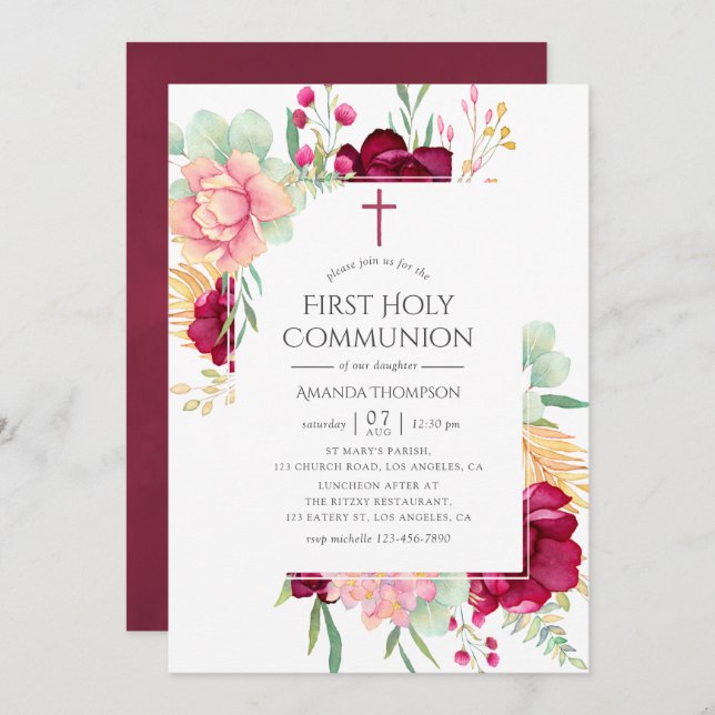 Burgundy and Blush Floral First Holy Communion Invitation (Front/Back)
