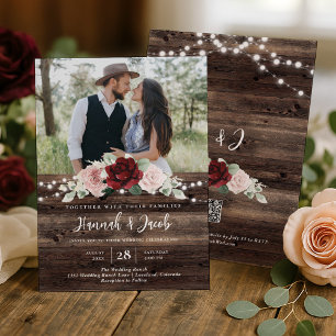 Burgundy and Blush Floral QR Code Rustic Wedding Invitation