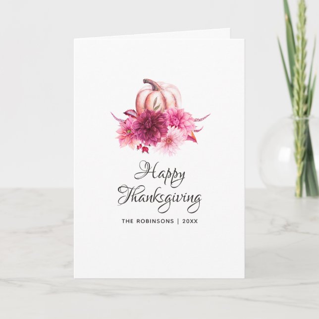 Burgundy and Blush Floral Thanksgiving Photo Holiday Card (Front)