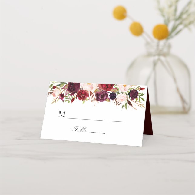 burgundy and blush floral wedding place card (Front)
