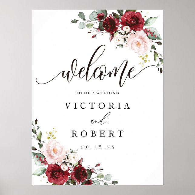 Burgundy and Blush Floral Wedding Welcome Sign (Front)