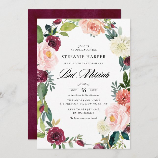 Burgundy and Blush Floral Wreath Fall Bat Mitzvah Invitation (Front/Back)