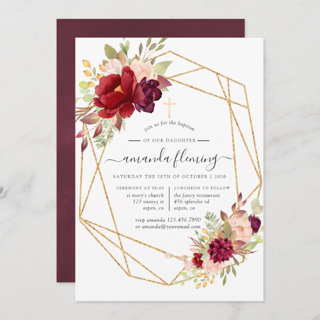 Burgundy and Blush Geometric Baptism/Christening Invitation (Front/Back)