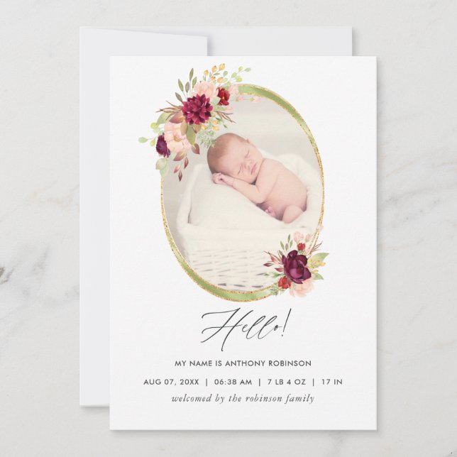 Burgundy and Blush Geometric Birth Announcement (Front)