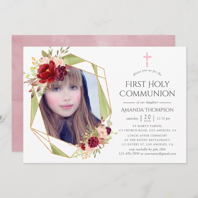 Burgundy and Blush Geometric First Holy Communion Invitation (Front/Back)