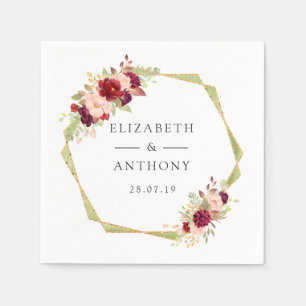 Burgundy and Blush Geometric Floral Wedding Napkin