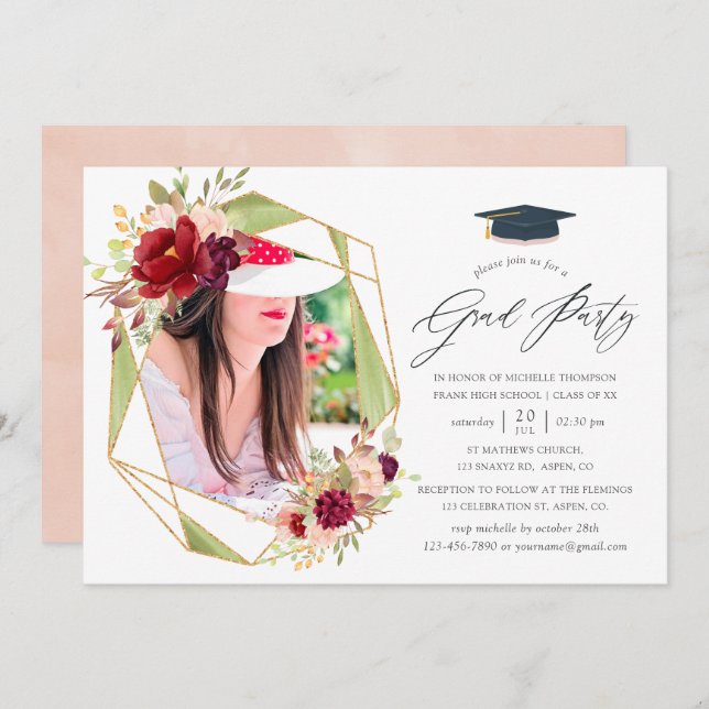 Burgundy and Blush Geometric Graduation Party Invitation (Front/Back)