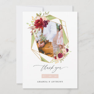 Burgundy and Blush Geometric Wedding Photo Collage Thank You Card