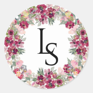 Burgundy and blush Monogrammed wedding Classic Round Sticker
