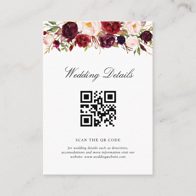 burgundy and blush OR Code wedding details card (Front)