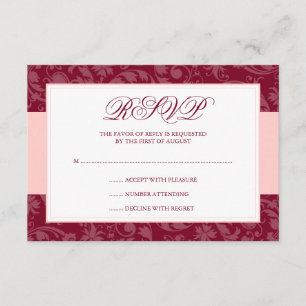 Burgundy and Blush Pink Damask Swirl Wedding RSVP Card