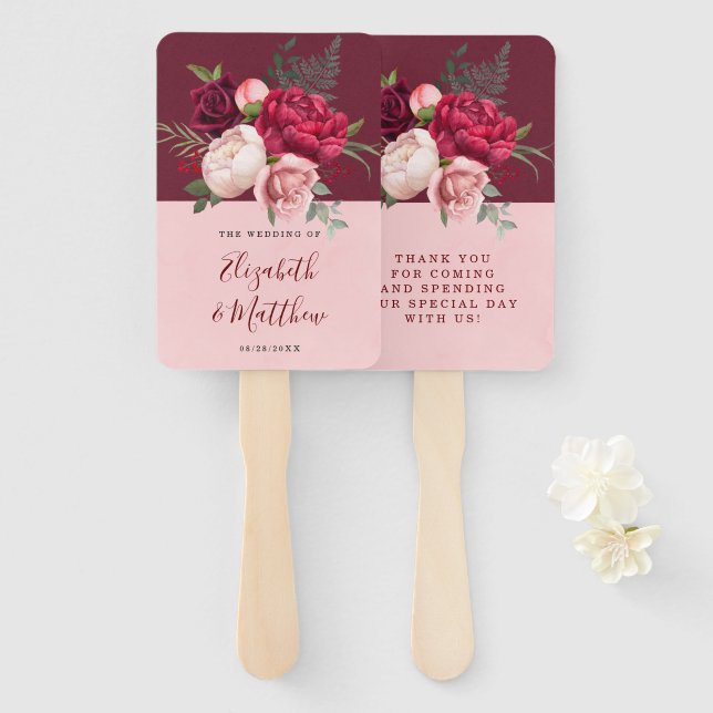 Burgundy and Blush Pink Floral Bouquet Wedding Hand Fan (Front and Back)