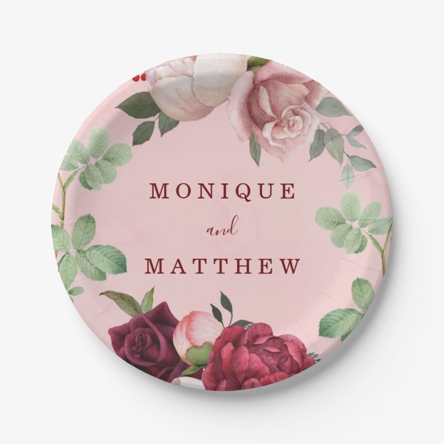 Burgundy and Blush Pink Floral Bouquet Wedding Paper Plate (Front)