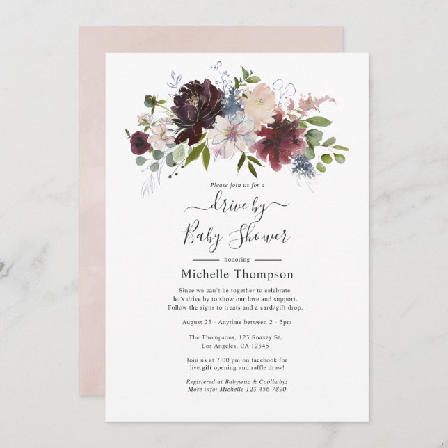 Burgundy and Blush Pink Floral Drive By Shower Invitation (Front/Back)