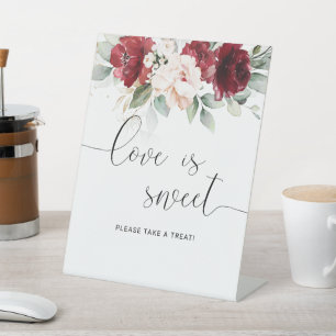 Burgundy and Blush Pink Floral Love is Sweet Pedestal Sign