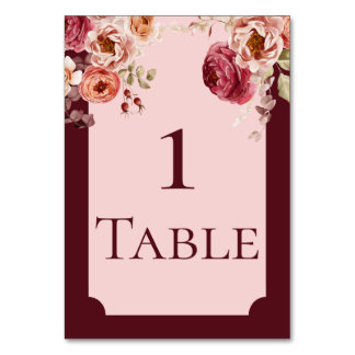 Burgundy and Blush Pink Floral Table Number Card