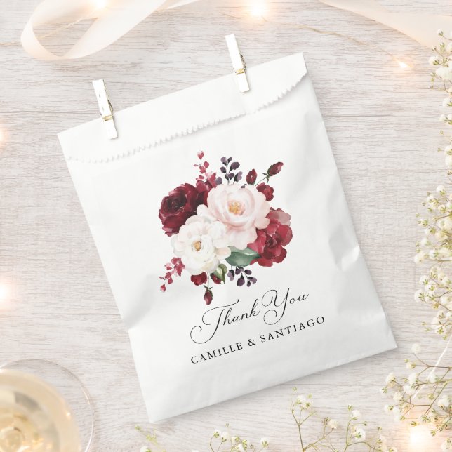 Burgundy and Blush Pink Floral Wedding Favour Bags (Clipped)