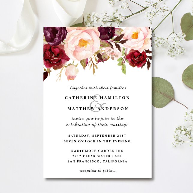 Burgundy and Blush Pink Floral Wedding Invitation (Creator Uploaded)