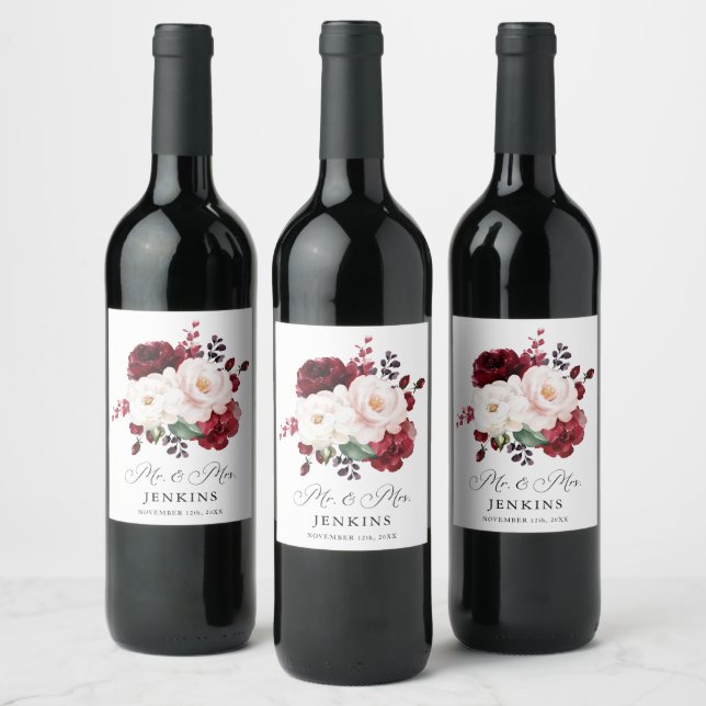Burgundy and Blush Pink Floral Wedding Wine Label (Bottles)