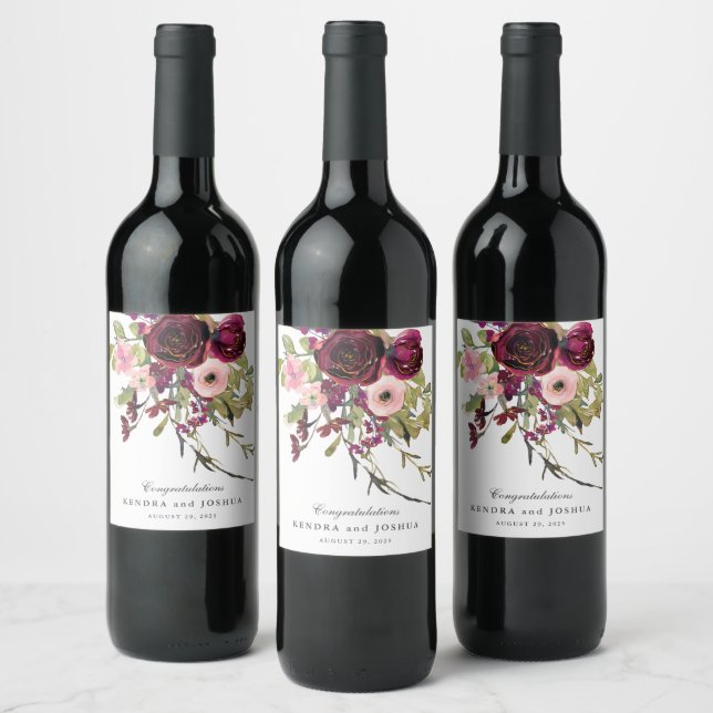 Burgundy and Blush Pink Floral Wedding Wine Label (Bottles)