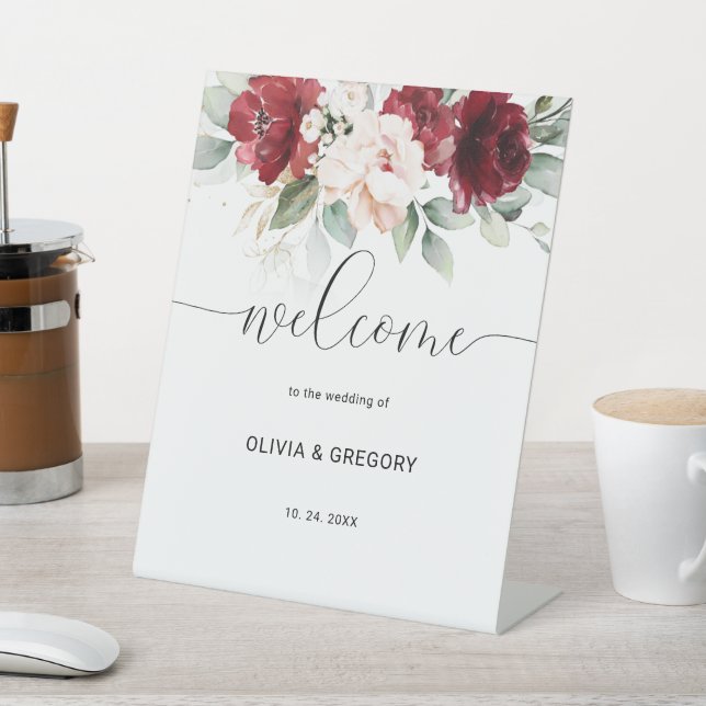 Burgundy and Blush Pink Floral Welcome Sign (In SItu)