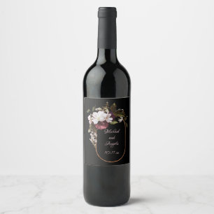 Burgundy and Blush Pink Florals on Black Wine Label