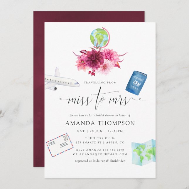 Burgundy and Blush Pink Miss To Mrs Bridal Shower Invitation (Front/Back)