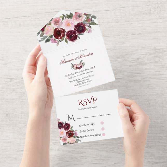 Burgundy and Blush Pink Painted Peony Wedding All In One Invitation (Tearaway)