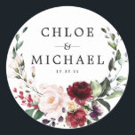 Burgundy and Blush Pink Personalised Wedding Classic Round Sticker<br><div class="desc">Elegant half-wreath creates a beautiful wedding sticker. The burgundy red and blush pink roses complement each other perfectly. Modern colour combination for an autumn or winter wedding. The airy botanical foliage gives it a hip and trendy vibe. Easy to customise with your own information. Use it on wedding invitation envelopes,...</div>