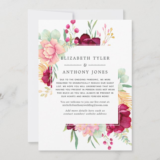 Burgundy and Blush Pink Reduced Wedding Guest List Announcement (Front)