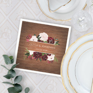 Burgundy and Blush Rustic Floral Wedding Napkin