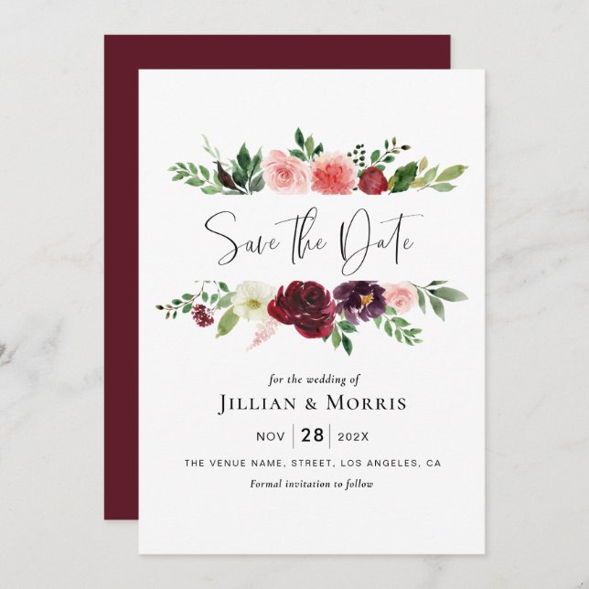 burgundy and blush save the date invitation (Front/Back)