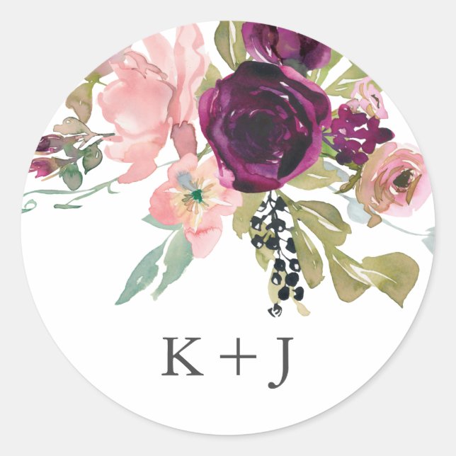 Burgundy and Blush Watercolor Floral Classic Round Sticker (Front)