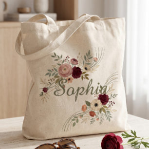 Burgundy and Blush Watercolor Floral Personalised Tote Bag
